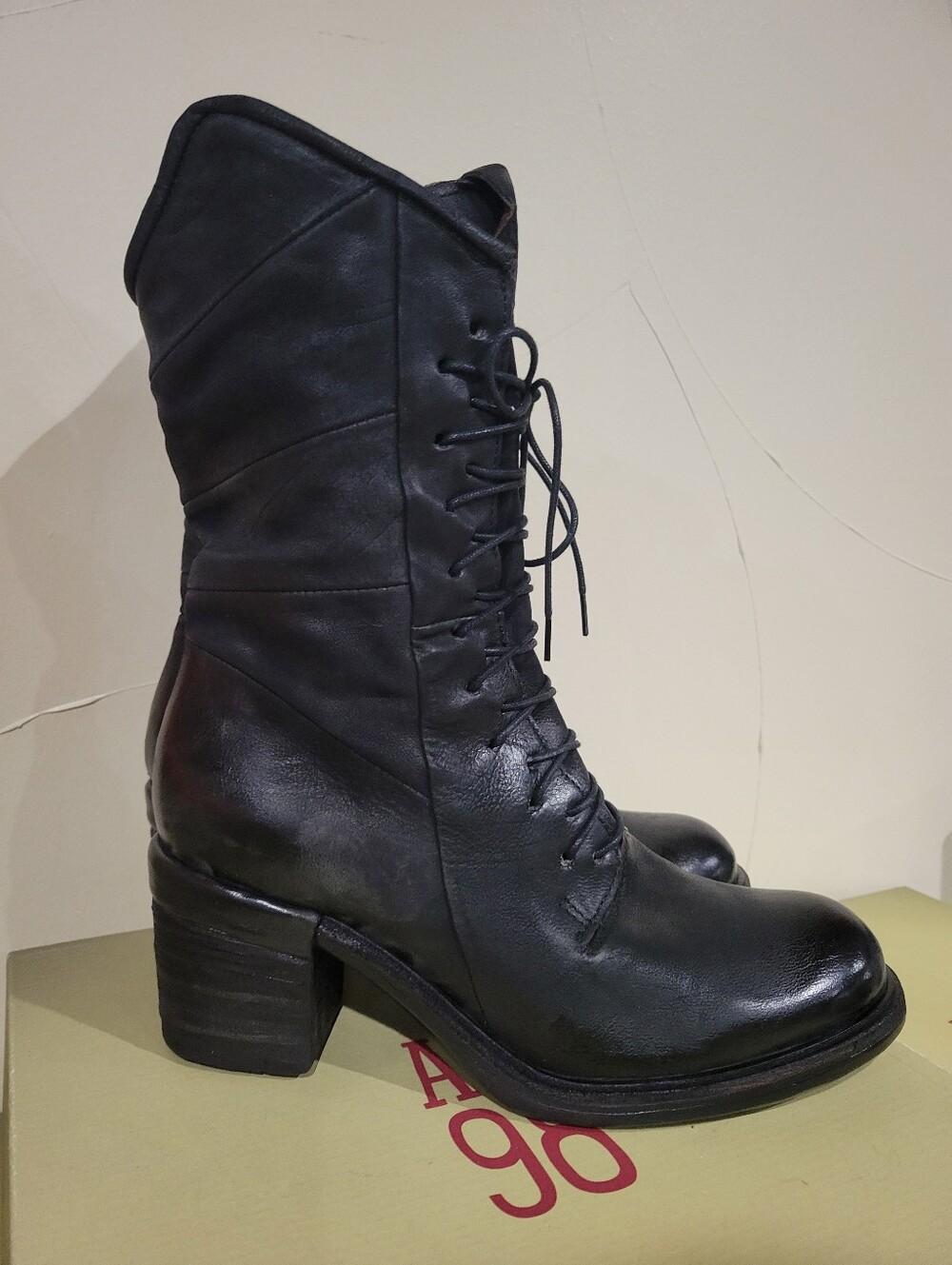 NIB A.S.98 JASPER Black Lace-Up Mid-Calf Heeled Boots - Women 40